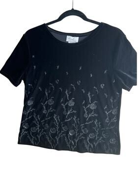 Kathie Lee Women's Glitter Floral Embroidered Velvet Top Black Size M NEW